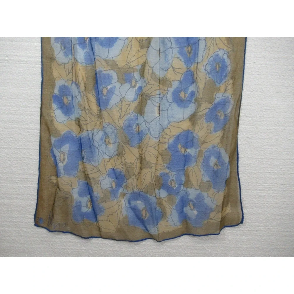 Vintage 60s Vera Neumann Silk Chiffon Scarf Floral Sheer Blue/Brown Rectangle